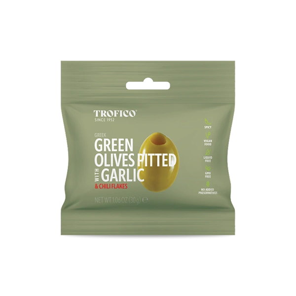 GREEN OLIVES PITTED WITH GARLIC & CHILI FLAKES