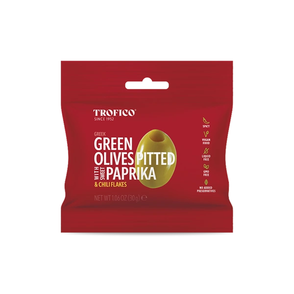 GREEN OLIVES PITTED WITH SWEET PAPRIKA & CHILI FLAKES